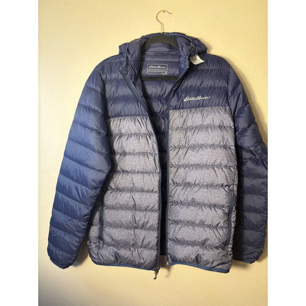 Eddie Bauer CirrusLite Mens Down Puffer Jacket EB650 Blue Gray Hooded sz medium